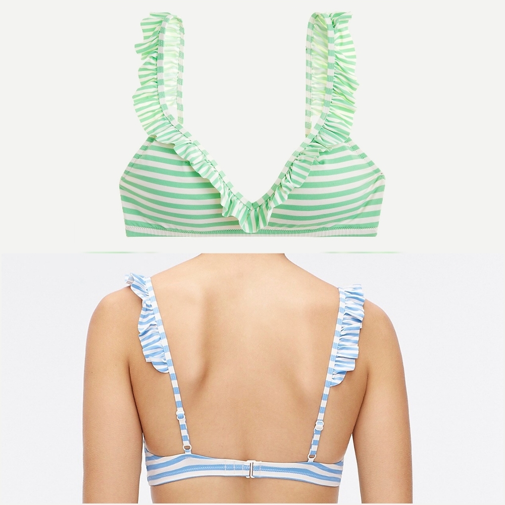 NWT J. Crew Green Stripe Ruffle Trim V-Neck Bikini Top XXL - Picture 3 of 3